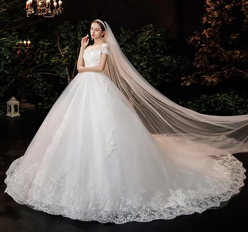 2026 Luxury Lace V Neck Ball Gown Wedding Dresses Short Sleeve Princess Illusion Applique Bridal Gowns Casamento Customized