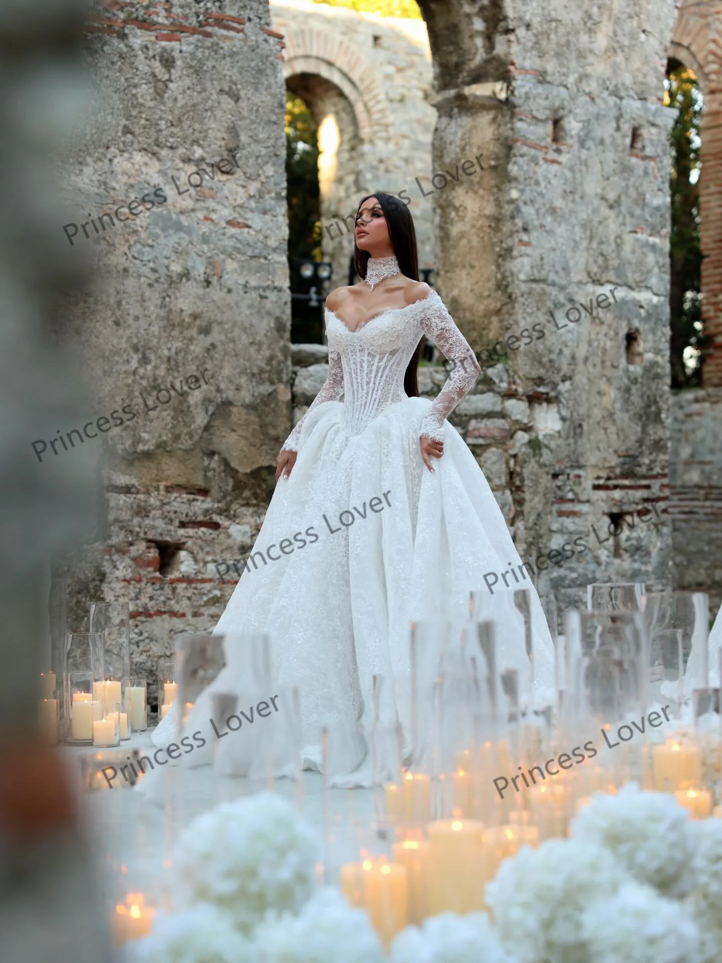 Luxury Lace Pleated Wedding Dresses Exquisite Long Sleeve Vestido de Novia Bustier Corset Eveing Dress Vestidos Customized