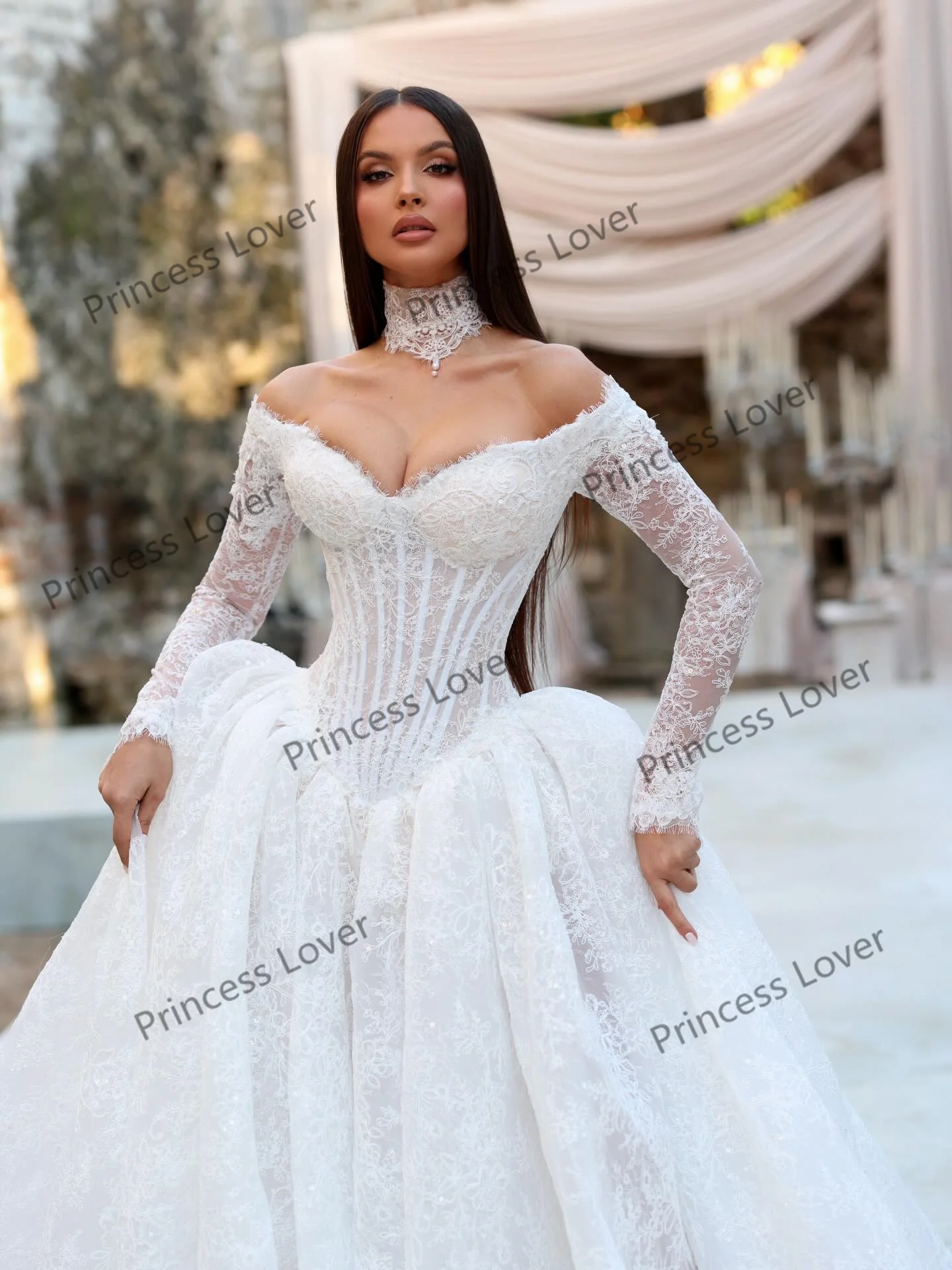Luxury Lace Pleated Wedding Dresses Exquisite Long Sleeve Vestido de Novia Bustier Corset Eveing Dress Vestidos Customized