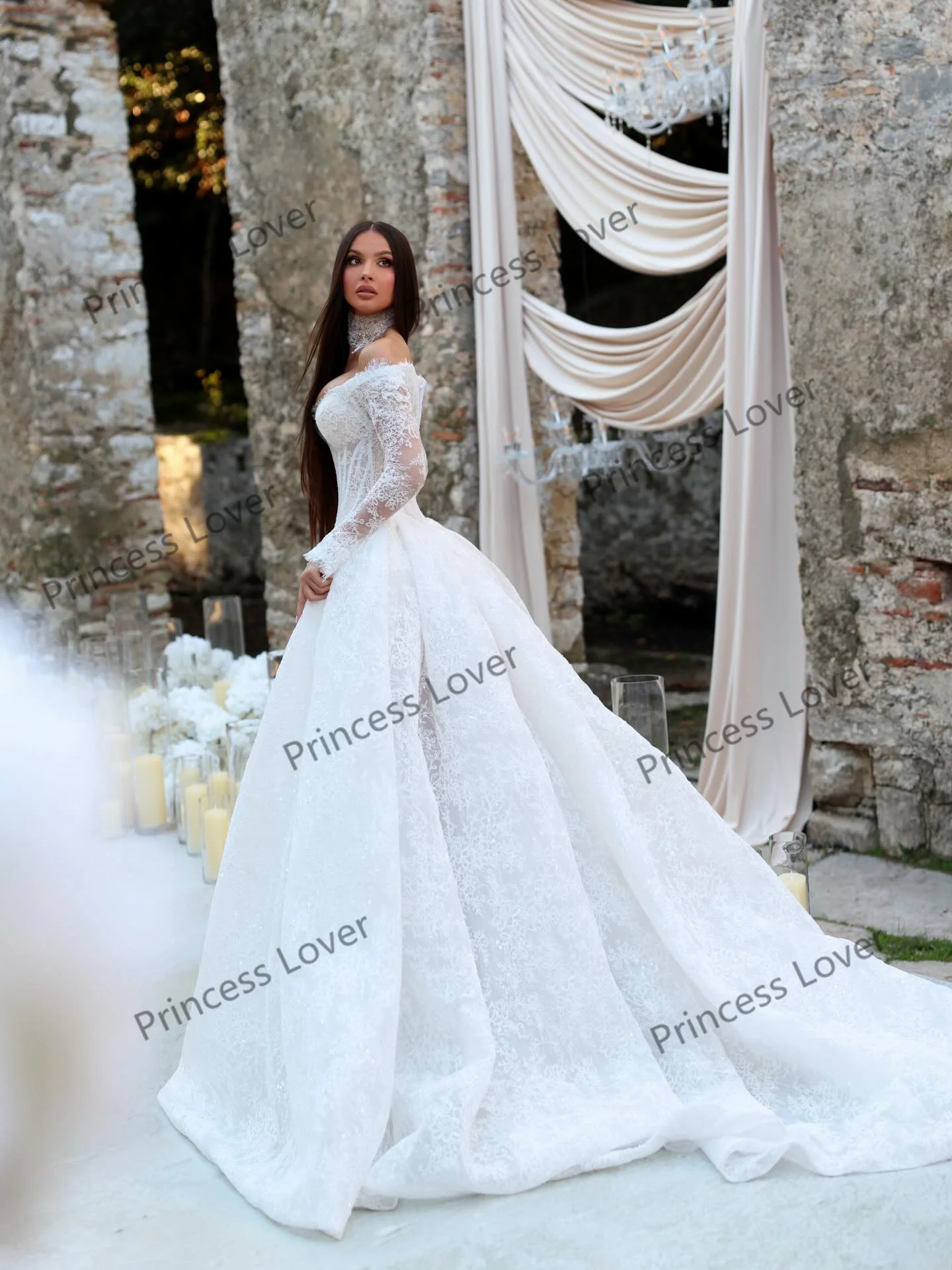 Luxury Lace Pleated Wedding Dresses Exquisite Long Sleeve Vestido de Novia Bustier Corset Eveing Dress Vestidos Customized