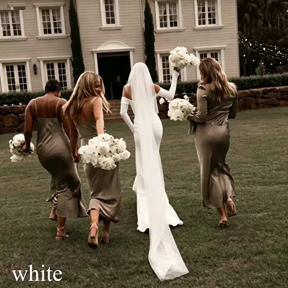 Modern Satin Mermaid White Wedding Dress Long Sleeves Bridal Off Shoulder Elegant Strapless Backless With Button Gown Customized