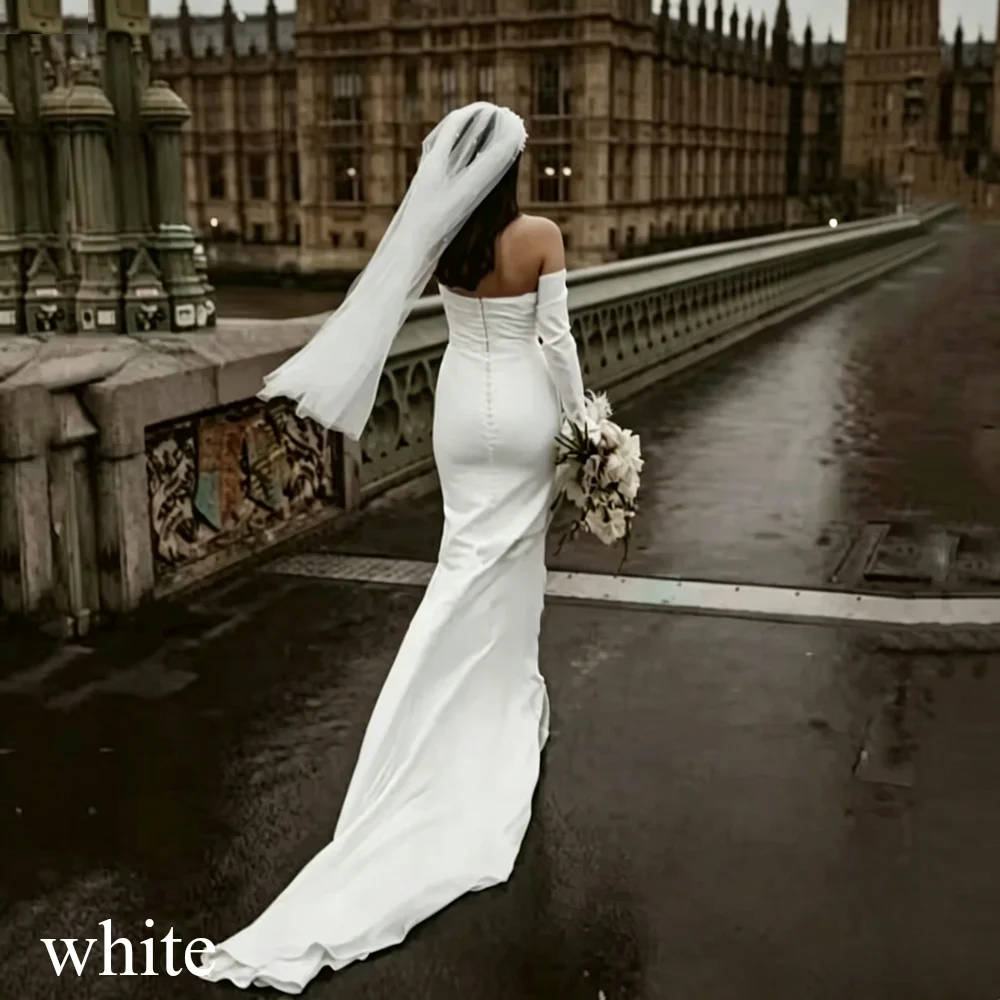 Modern Satin Mermaid White Wedding Dress Long Sleeves Bridal Off Shoulder Elegant Strapless Backless With Button Gown Customized