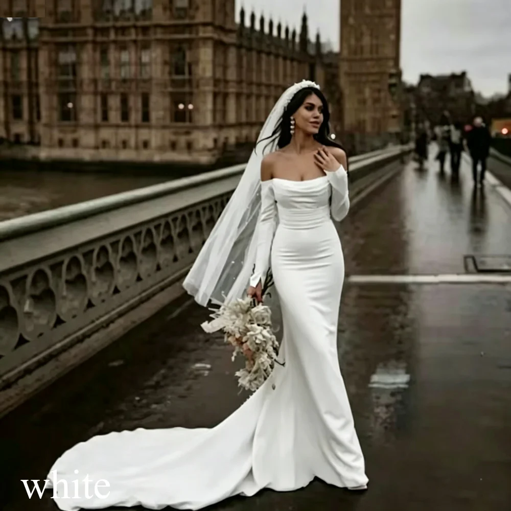 Modern Satin Mermaid White Wedding Dress Long Sleeves Bridal Off Shoulder Elegant Strapless Backless With Button Gown Customized