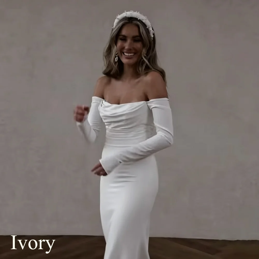 Modern Satin Mermaid White Wedding Dress Long Sleeves Bridal Off Shoulder Elegant Strapless Backless With Button Gown Customized