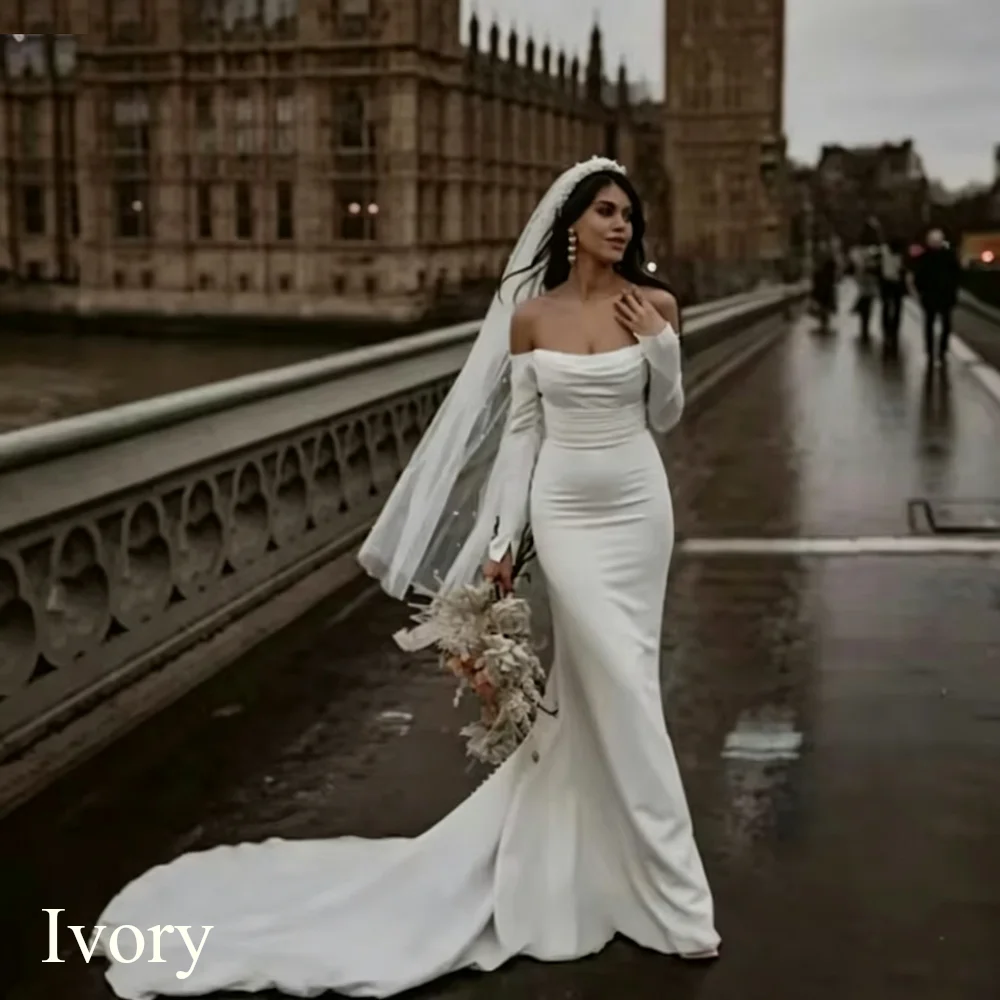 Modern Satin Mermaid White Wedding Dress Long Sleeves Bridal Off Shoulder Elegant Strapless Backless With Button Gown Customized