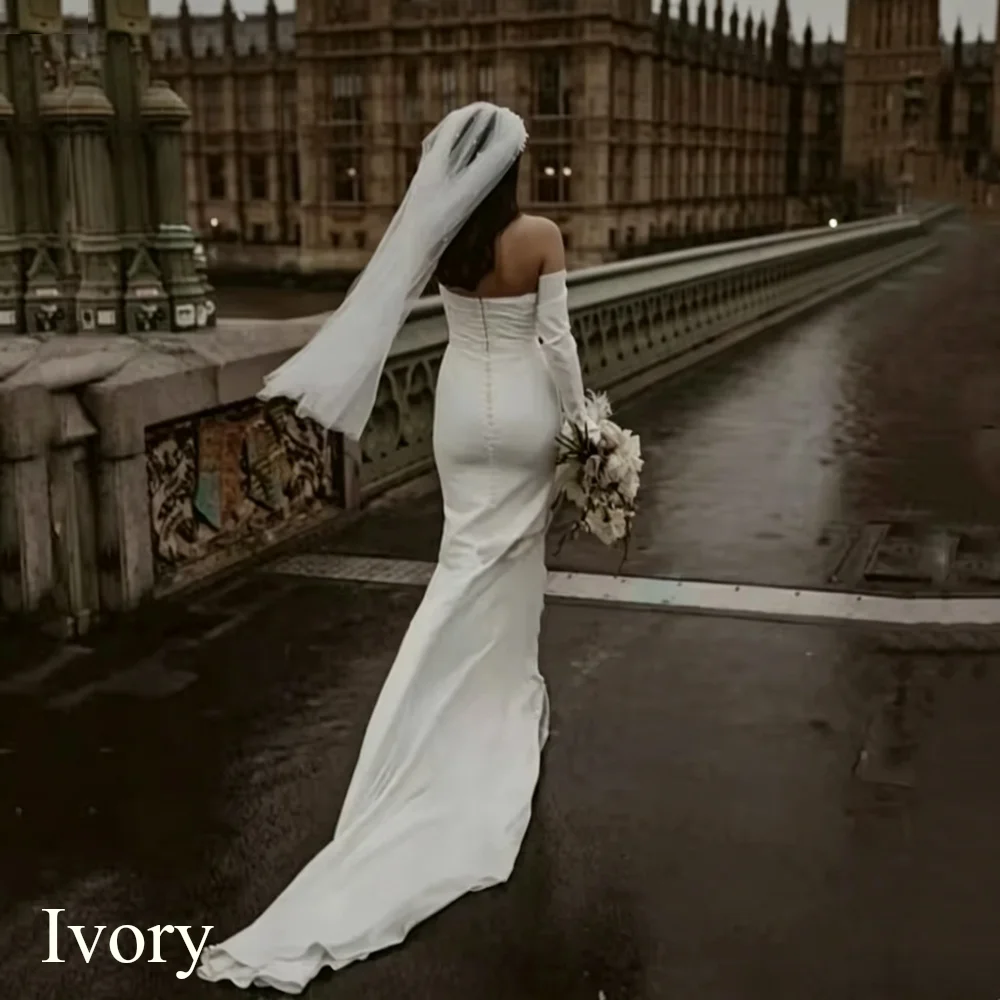 Modern Satin Mermaid White Wedding Dress Long Sleeves Bridal Off Shoulder Elegant Strapless Backless With Button Gown Customized