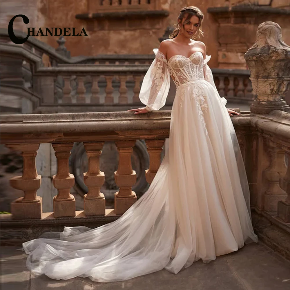 CHANDELA Charming Wedding Dress for Bride V-neckline Long Sleeves Zipper Tulle Lace Appliques Vestidos Para Mujer Customised