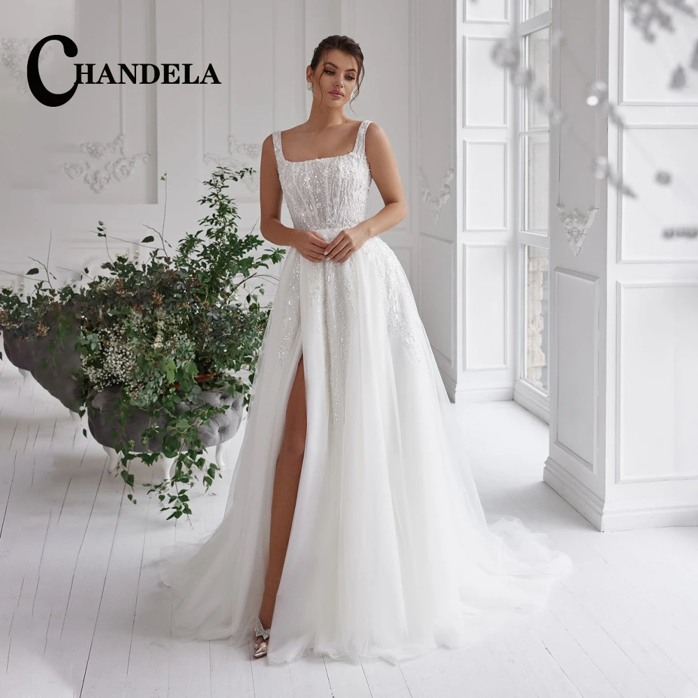 CHANDELA Charming Wedding Dress for Bride V-neckline Long Sleeves Zipper Tulle Lace Appliques Vestidos Para Mujer Customised