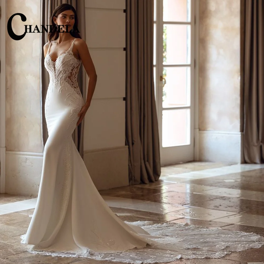 CHANDELA Charming Wedding Dress for Bride V-neckline Long Sleeves Zipper Tulle Lace Appliques Vestidos Para Mujer Customised