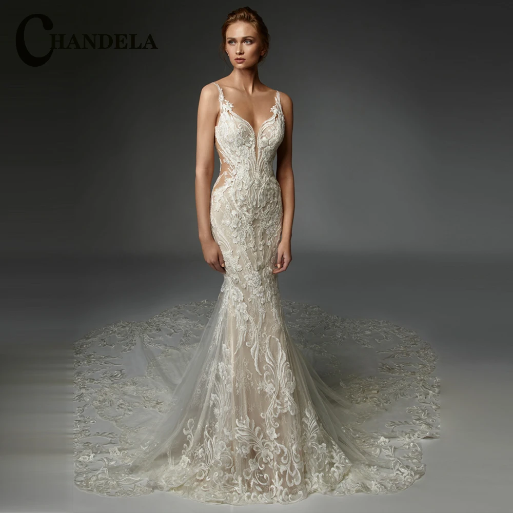 CHANDELA Charming Wedding Dress for Bride V-neckline Long Sleeves Zipper Tulle Lace Appliques Vestidos Para Mujer Customised