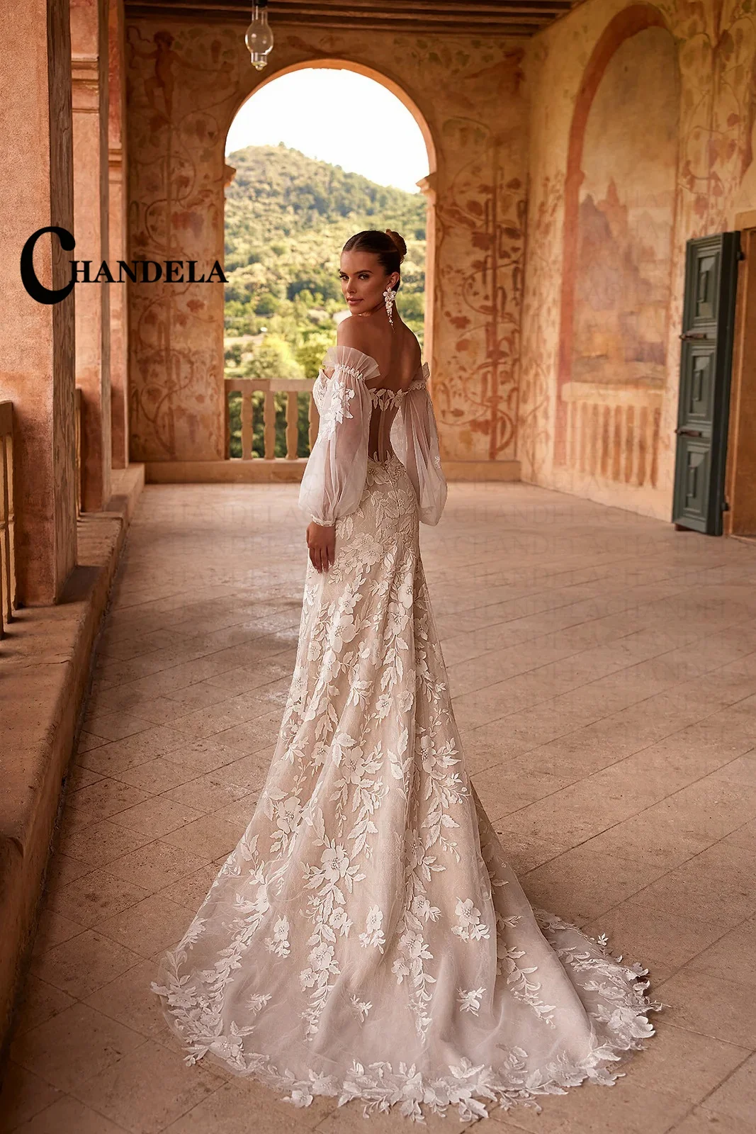 CHANDELA Charming Wedding Dress for Bride V-neckline Long Sleeves Zipper Tulle Lace Appliques Vestidos Para Mujer Customised