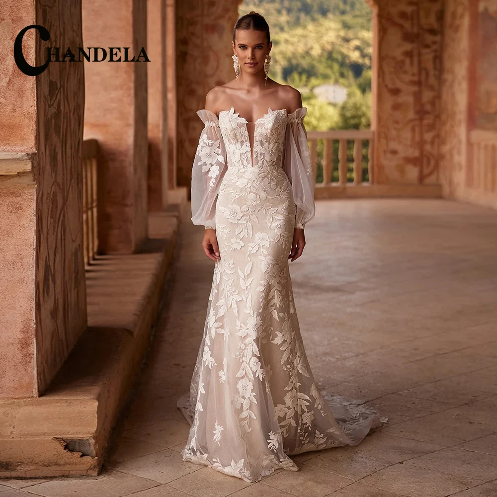 CHANDELA Charming Wedding Dress for Bride V-neckline Long Sleeves Zipper Tulle Lace Appliques Vestidos Para Mujer Customised