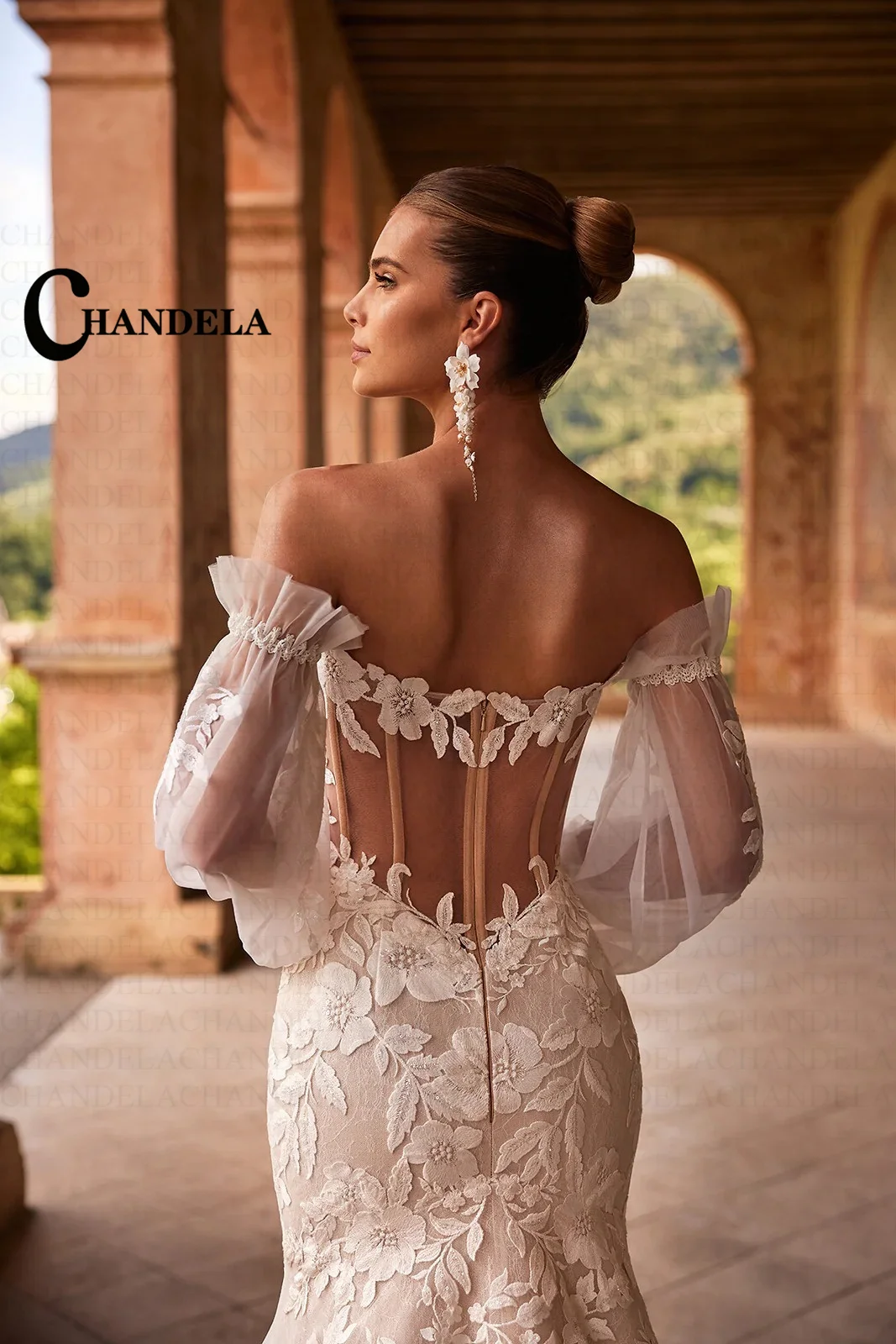 CHANDELA Charming Wedding Dress for Bride V-neckline Long Sleeves Zipper Tulle Lace Appliques Vestidos Para Mujer Customised