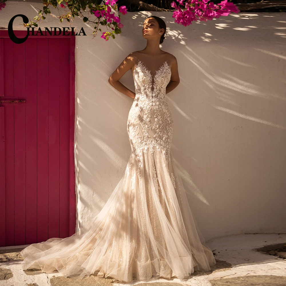 CHANDELA Charming Wedding Dress for Bride V-neckline Long Sleeves Zipper Tulle Lace Appliques Vestidos Para Mujer Customised