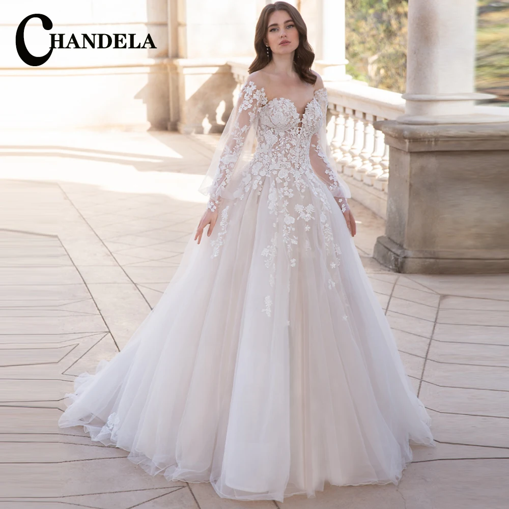 CHANDELA Charming Wedding Dress for Bride V-neckline Long Sleeves Zipper Tulle Lace Appliques Vestidos Para Mujer Customised