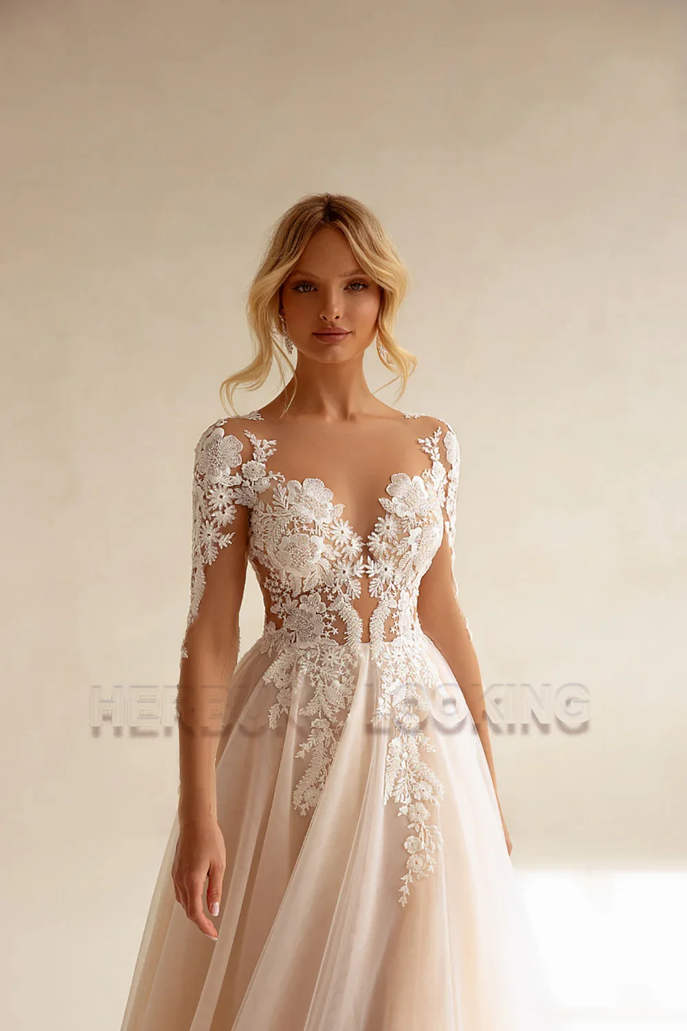 HERBURN Bohemian Long Sleeve Wedding Dress Women A Line See Through Lace Appliqued Beach Bridal Dress Wedding Gowns Customized