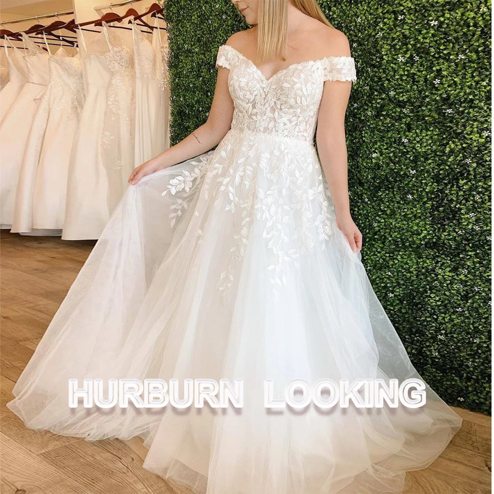 HERBURN Bohemian Long Sleeve Wedding Dress Women A Line See Through Lace Appliqued Beach Bridal Dress Wedding Gowns Customized