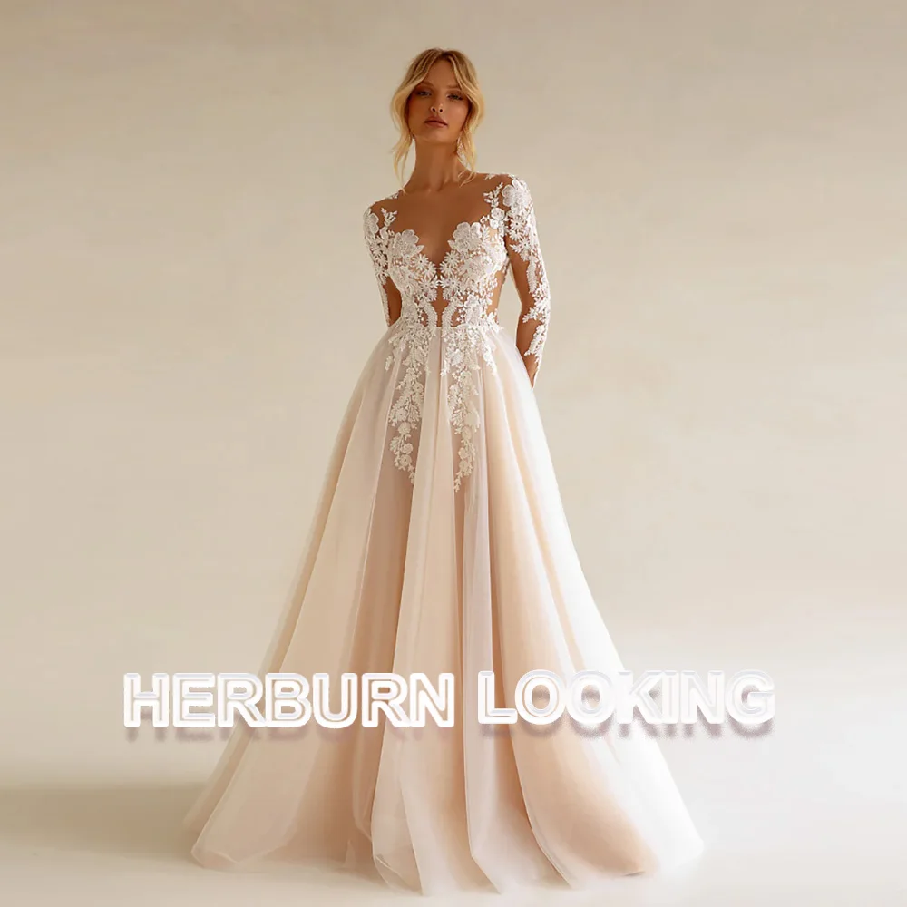 HERBURN Bohemian Long Sleeve Wedding Dress Women A Line See Through Lace Appliqued Beach Bridal Dress Wedding Gowns Customized