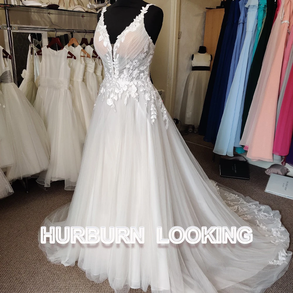 HERBURN Bohemian Long Sleeve Wedding Dress Women A Line See Through Lace Appliqued Beach Bridal Dress Wedding Gowns Customized