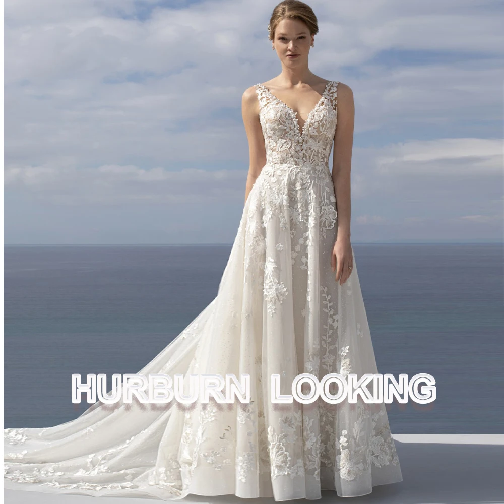 HERBURN Bohemian Long Sleeve Wedding Dress Women A Line See Through Lace Appliqued Beach Bridal Dress Wedding Gowns Customized