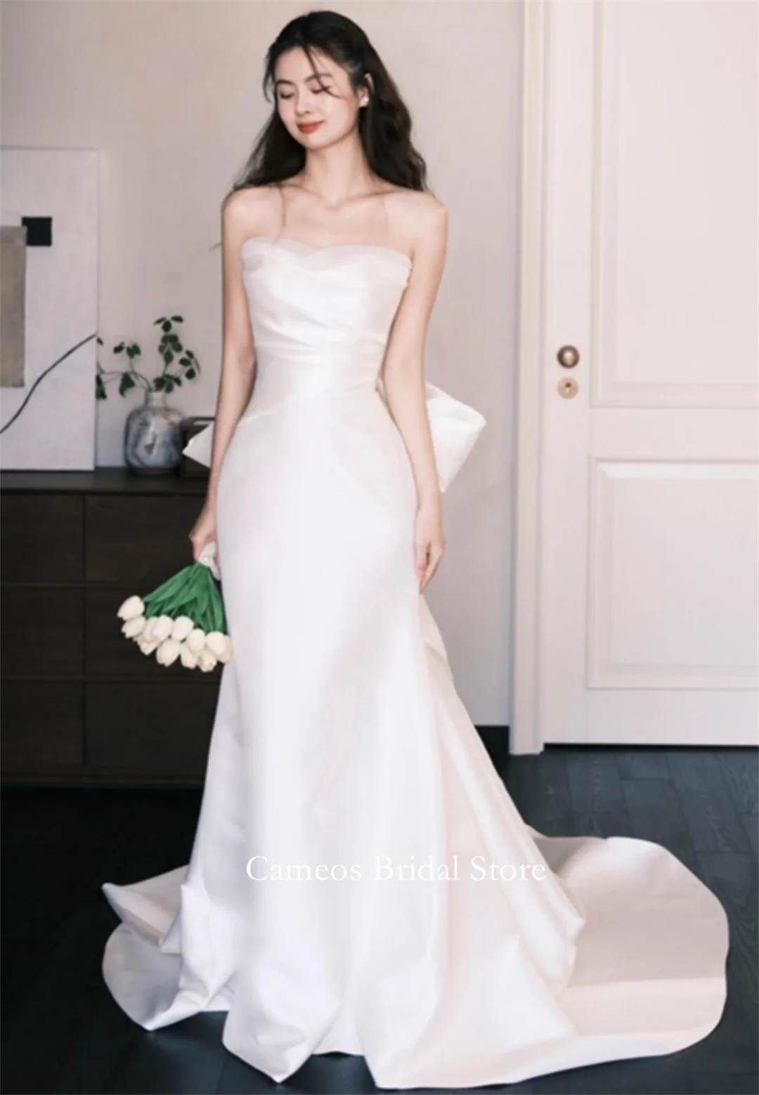SONDR Customized Wedding Dresses Sleeveless Ivory Strapless Korea Satin Mermaid Bowith Brides Gowns Women Bridal Dresses