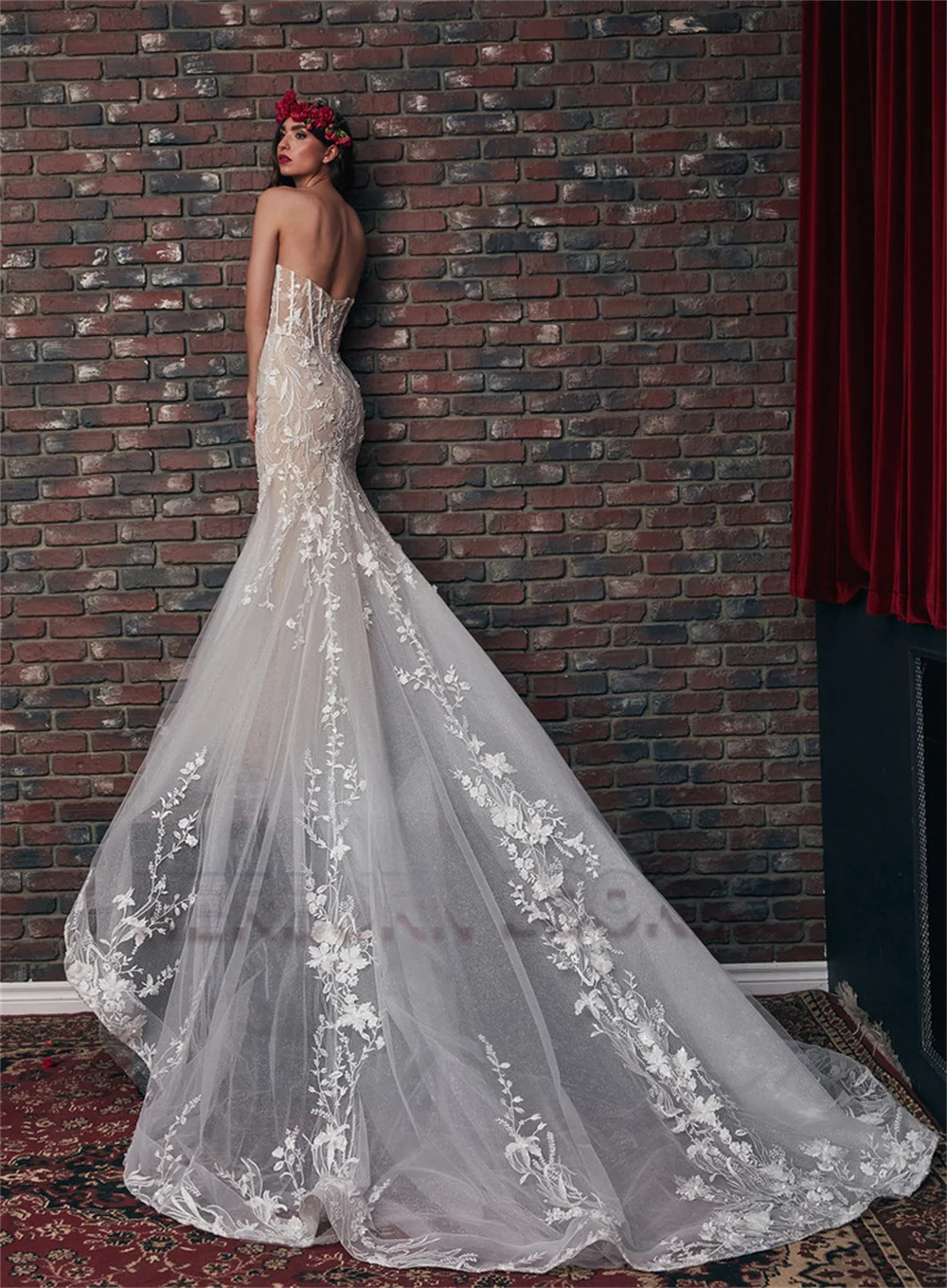 HERBURN Sparkly Tulle Wedding Dresses for Women Appliques Sweetheart Court Train Mermaid Robe De Mariee for Brides Drop Shipping