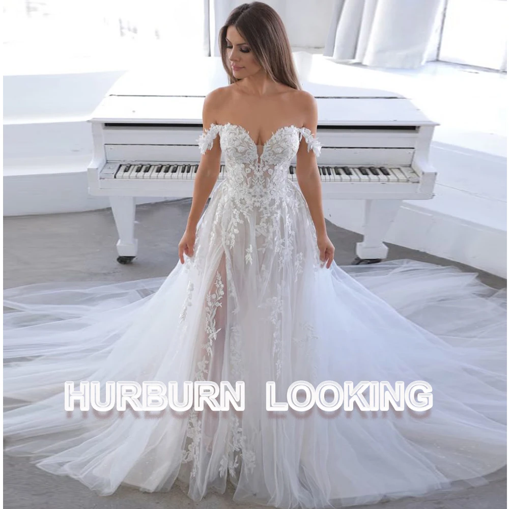 HERBURN Sparkly Tulle Wedding Dresses for Women Appliques Sweetheart Court Train Mermaid Robe De Mariee for Brides Drop Shipping