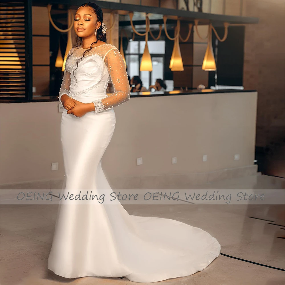 Customized Luxury Wedding Dress for Women Ivory Satin Pearls Beaded Wedding Gowns Mermaid Long Sleeves O Neck Civil Bridal Dress