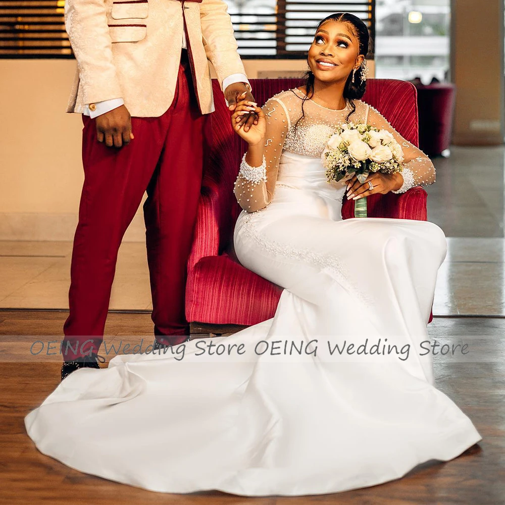 Customized Luxury Wedding Dress for Women Ivory Satin Pearls Beaded Wedding Gowns Mermaid Long Sleeves O Neck Civil Bridal Dress