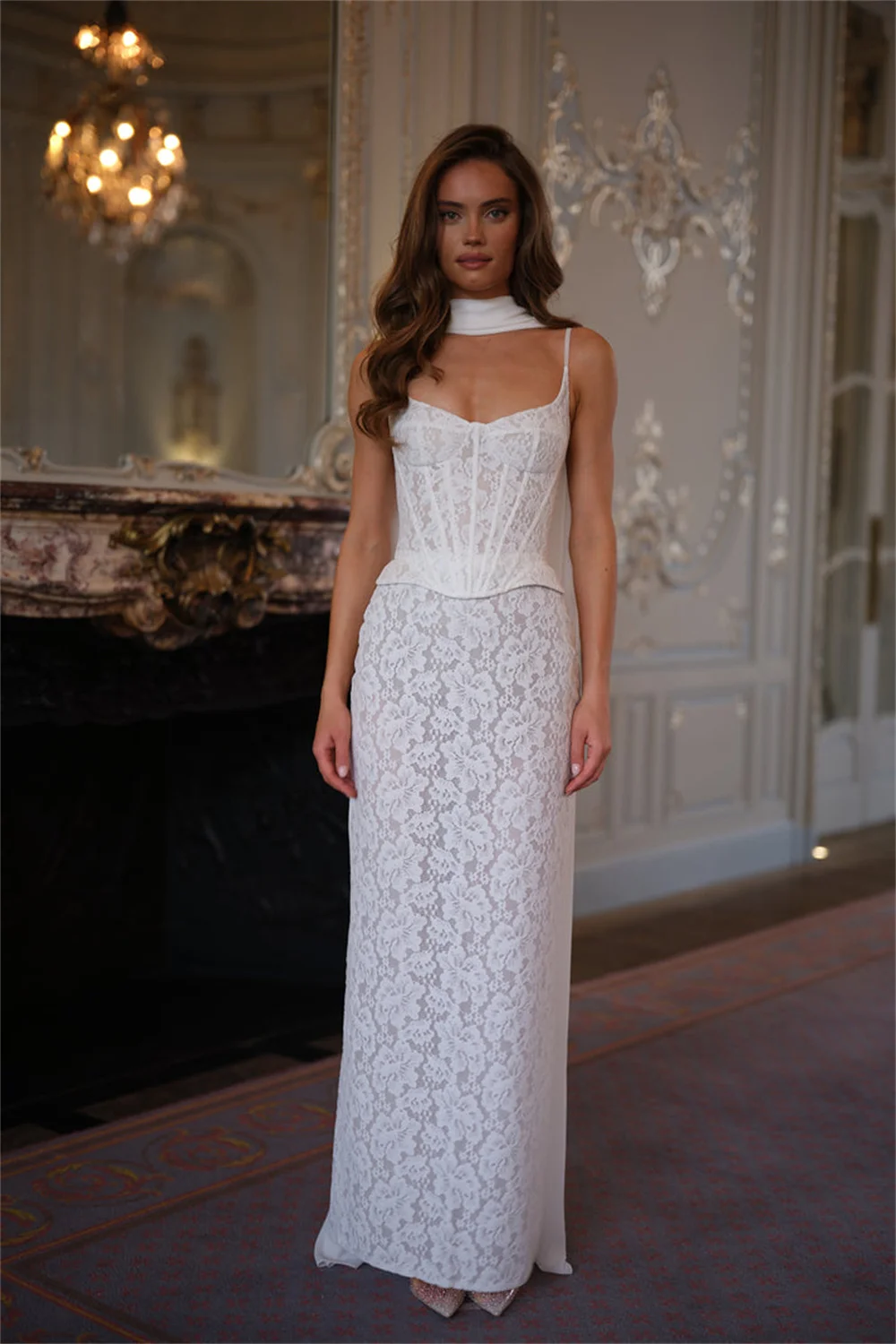 Kyoto Customized Ivory Lace Embroidery Corset Wedding Dress Spaghetti Straps Robe de mariée Floor-length With Slit Formal Gown