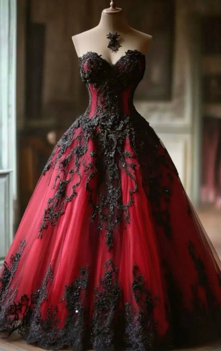 Black And Red Gothic Wedding Dress Lace Appliques Sweetheart Neckline Sleeveless A-Line Tulle Vintage Bridal Gown Customized