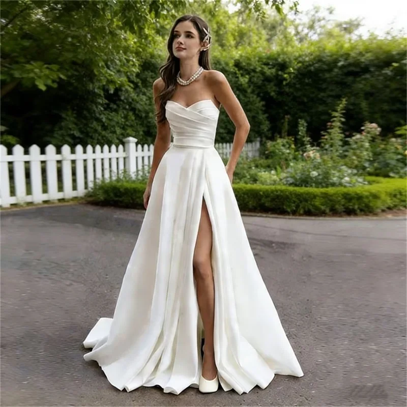 Customized Elegant Strapless Satin Simple Side Split Wedding Dress for Bride A-Line Lace-up Pleat Bridal Gown Vestidos De Novia