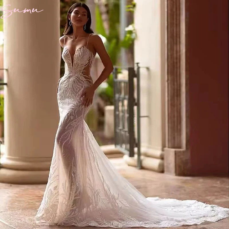 Luxury Mermaid Bridal Gown Wedding Dress Embroidered Lace Beading Sexy Backless V-Neck Strap Sleeveless Vestidos De Novia