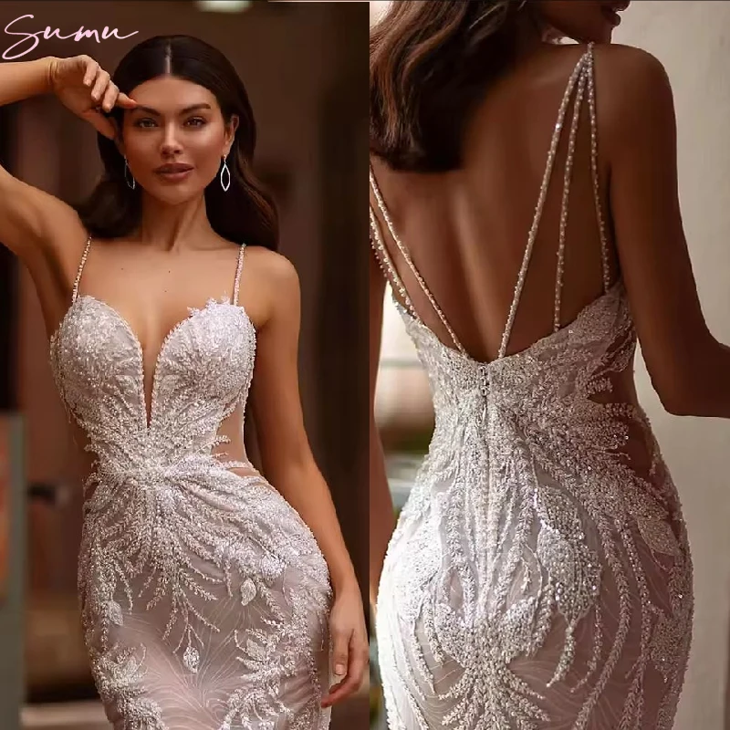 Luxury Mermaid Bridal Gown Wedding Dress Embroidered Lace Beading Sexy Backless V-Neck Strap Sleeveless Vestidos De Novia