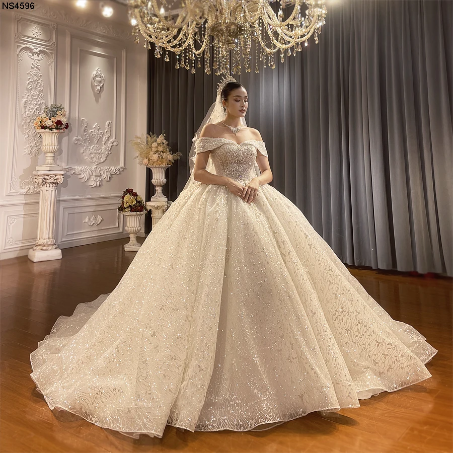 Customized Off The Shoulder Straps Lace Wedding Dress With Small Train NS4596