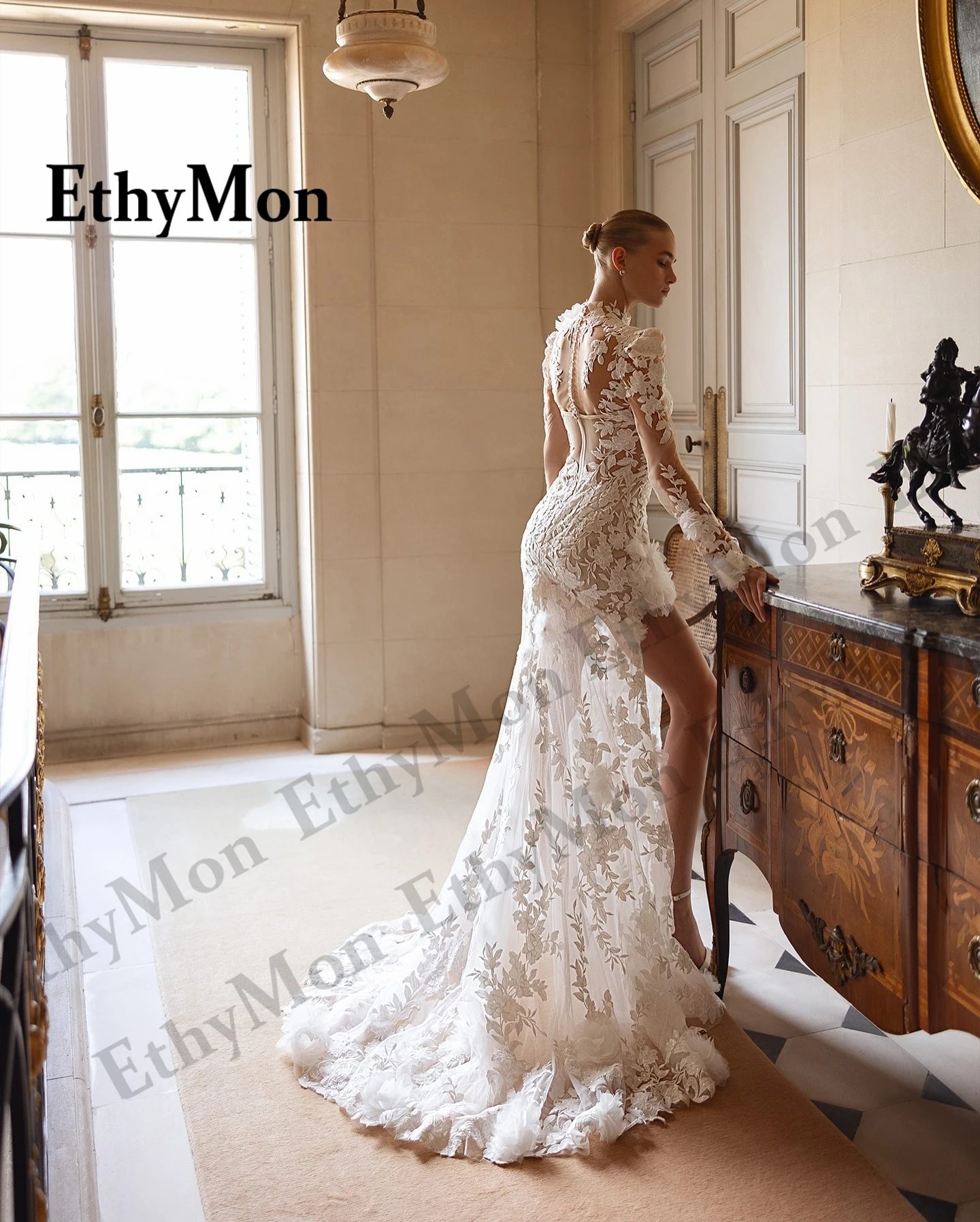 Ethymon Fashionable High Neck Wedding Gown for Bride Slit Lace Appliques Long Sleeves Mermaid Tank Robe De Mariee Customized