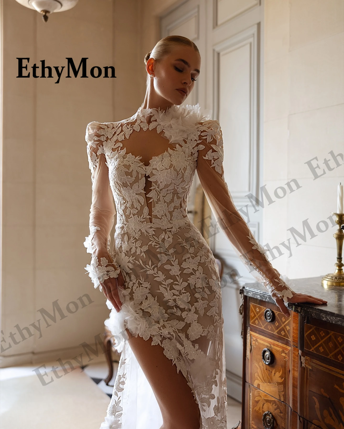 Ethymon Fashionable High Neck Wedding Gown for Bride Slit Lace Appliques Long Sleeves Mermaid Tank Robe De Mariee Customized