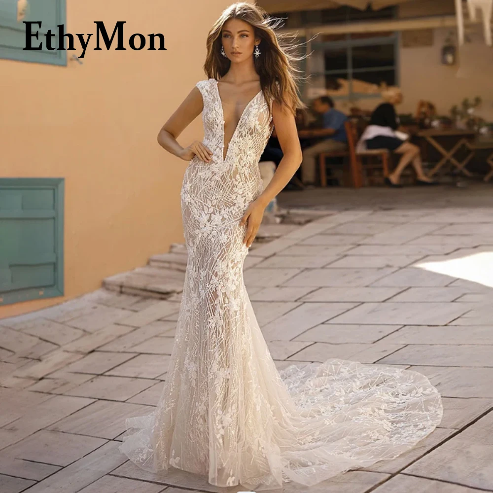 Ethymon Fashionable High Neck Wedding Gown for Bride Slit Lace Appliques Long Sleeves Mermaid Tank Robe De Mariee Customized