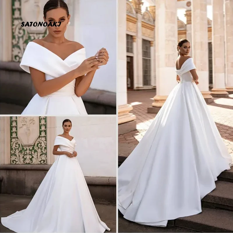 Customized Elegant Off the Shoulder White Satin Wedding Dress for Bride A-Line Plus Size Lace-up Bride Gown Vestido De Novia