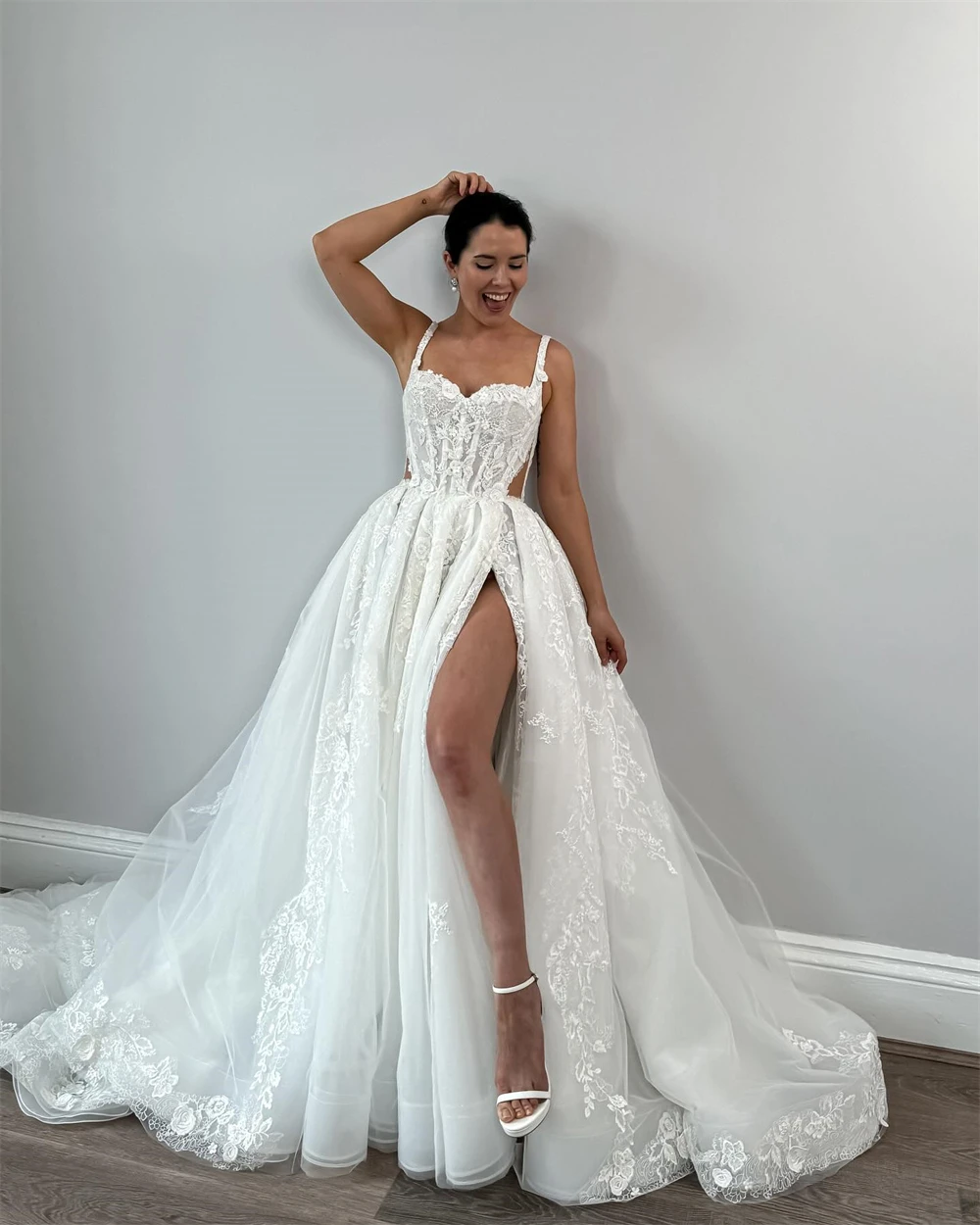Rebecca Customized Floral Straps Lace Embroidery Wedding Dress High Side Split vestidos de noche Floor-Length Formal Evening