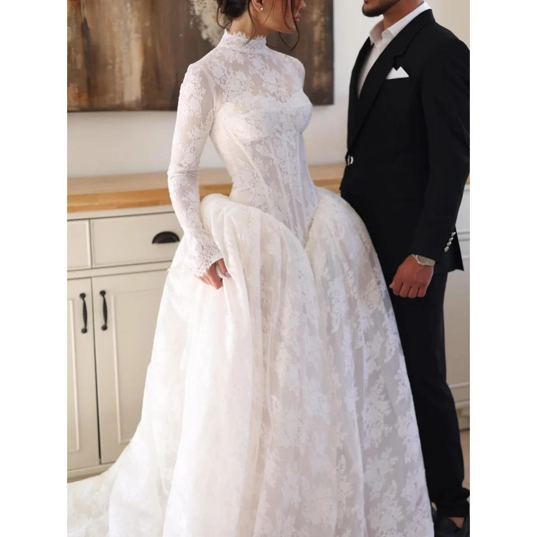 Rebecca Customized High Neck Long Sleeve Prom Dress Long Train vestidos de noche Voluminous Tulle Skirt Evening Dresses 2026