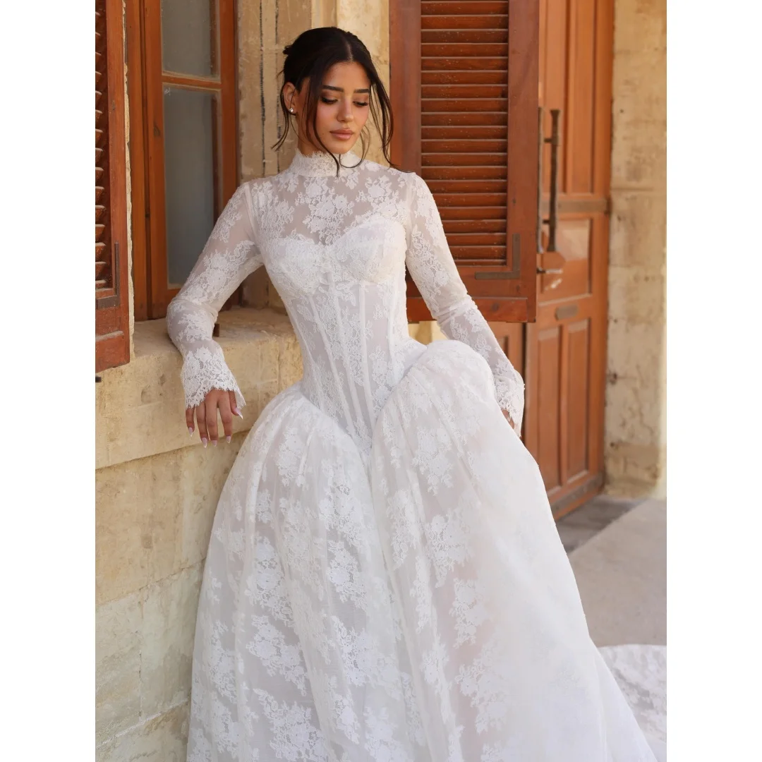 Rebecca Customized High Neck Long Sleeve Prom Dress Long Train vestidos de noche Voluminous Tulle Skirt Evening Dresses 2026