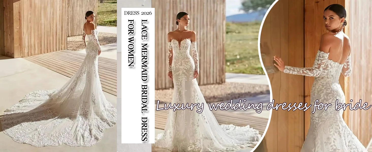 JEHETH Elegant Lace Appliques Mermaid Wedding Dresses Tulle Detachable Long Sleeves V-Neck Wedding Party Gown Customized