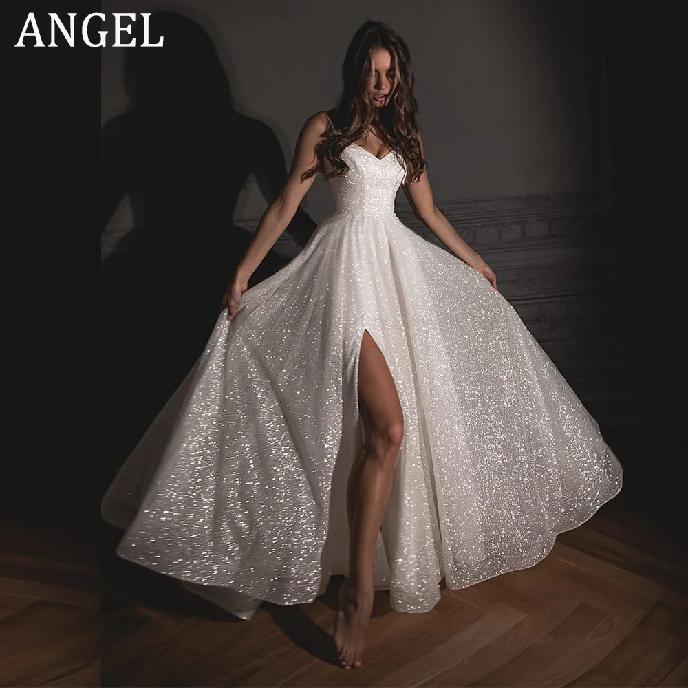 ANGEL Spaghetti Strap V-Neck Sparkling Wedding Dresses for Women Customized Side Split Glitter Bridal Party Gowns Hochzeitskleid