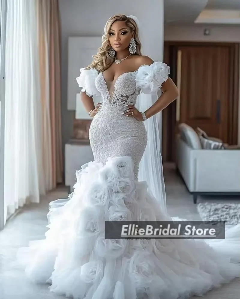 Gorgeous Wedding Dresses Luxury 2025 Flowers African Mermaid Bridal Gowns Off The Shoulder Lace Beading Vestido Novia Customized