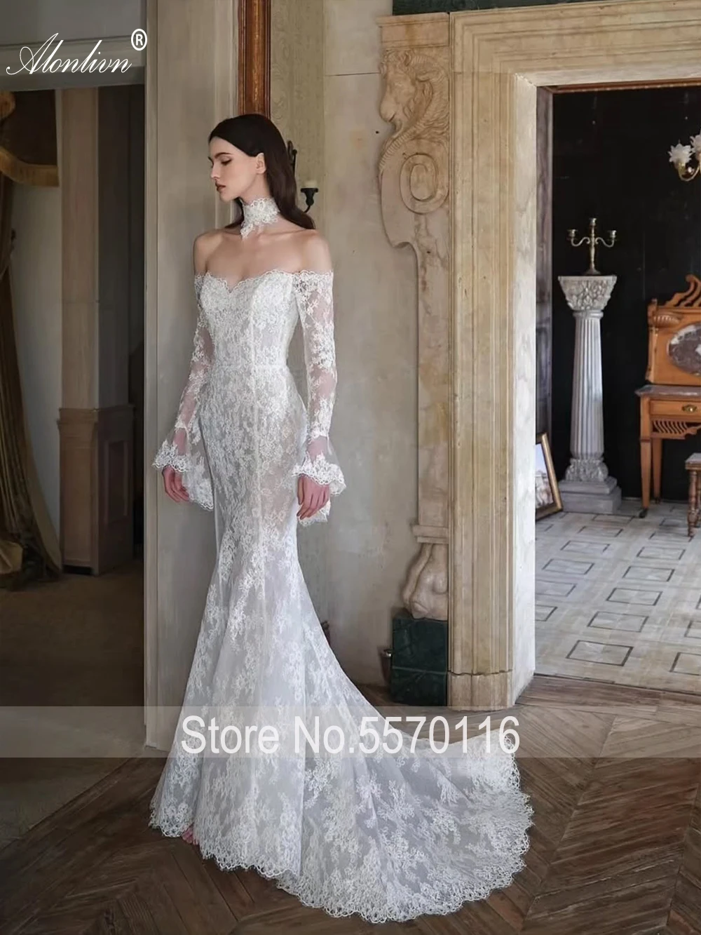 Alonlivn Custom Made Enchanting Lace Mermaid Wedding Dresses Off-the-Shoulder Full Sleeves Removable Train 2 In 1 Bride Gowns