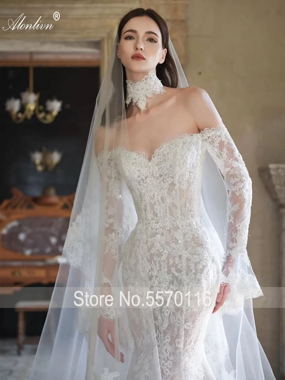 Alonlivn Custom Made Enchanting Lace Mermaid Wedding Dresses Off-the-Shoulder Full Sleeves Removable Train 2 In 1 Bride Gowns