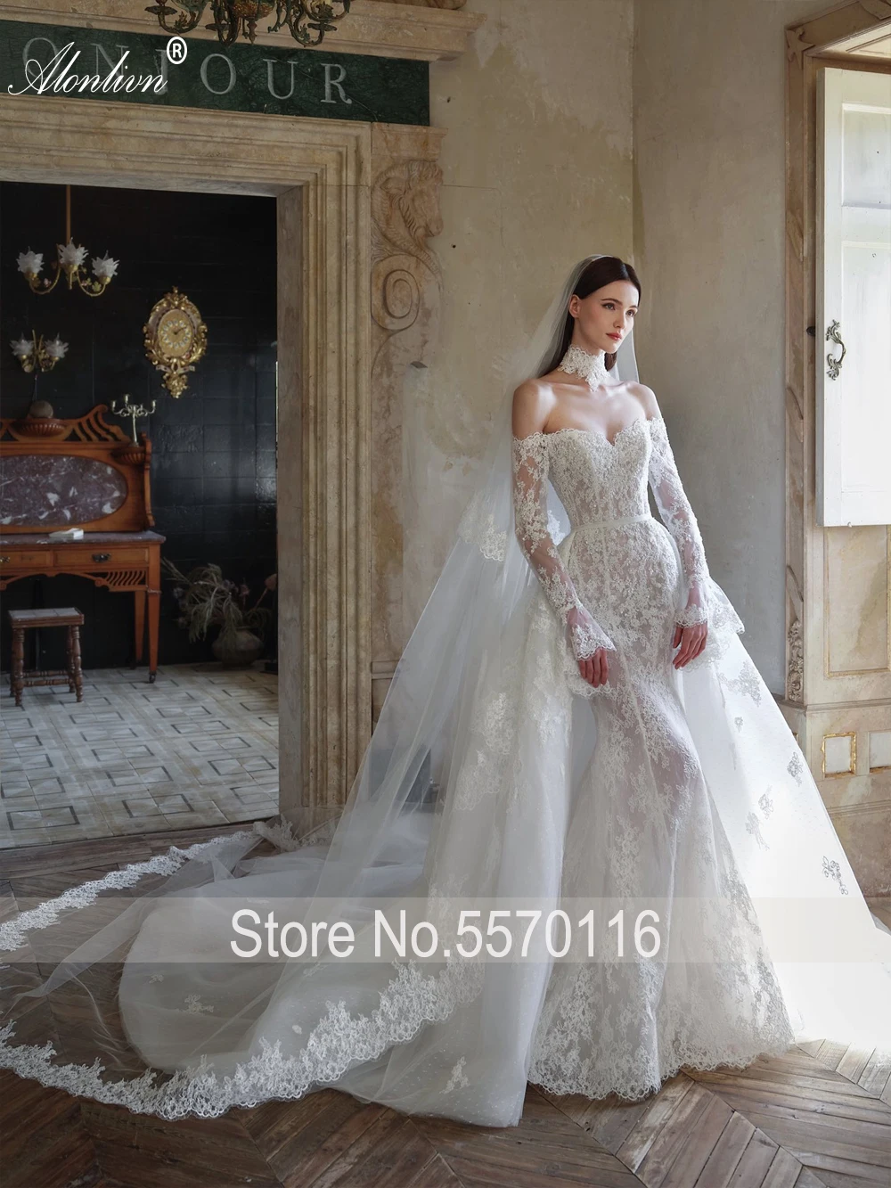 Alonlivn Custom Made Enchanting Lace Mermaid Wedding Dresses Off-the-Shoulder Full Sleeves Removable Train 2 In 1 Bride Gowns