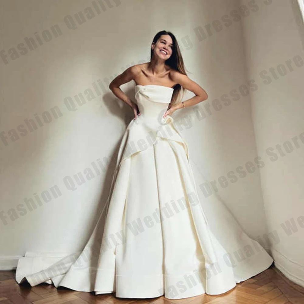 Simple Women's Bridal Gowns Sexy Off Shoulder Sleeveless A-line Satin Princess Ball Wedding Dresses Party Customized Robe De