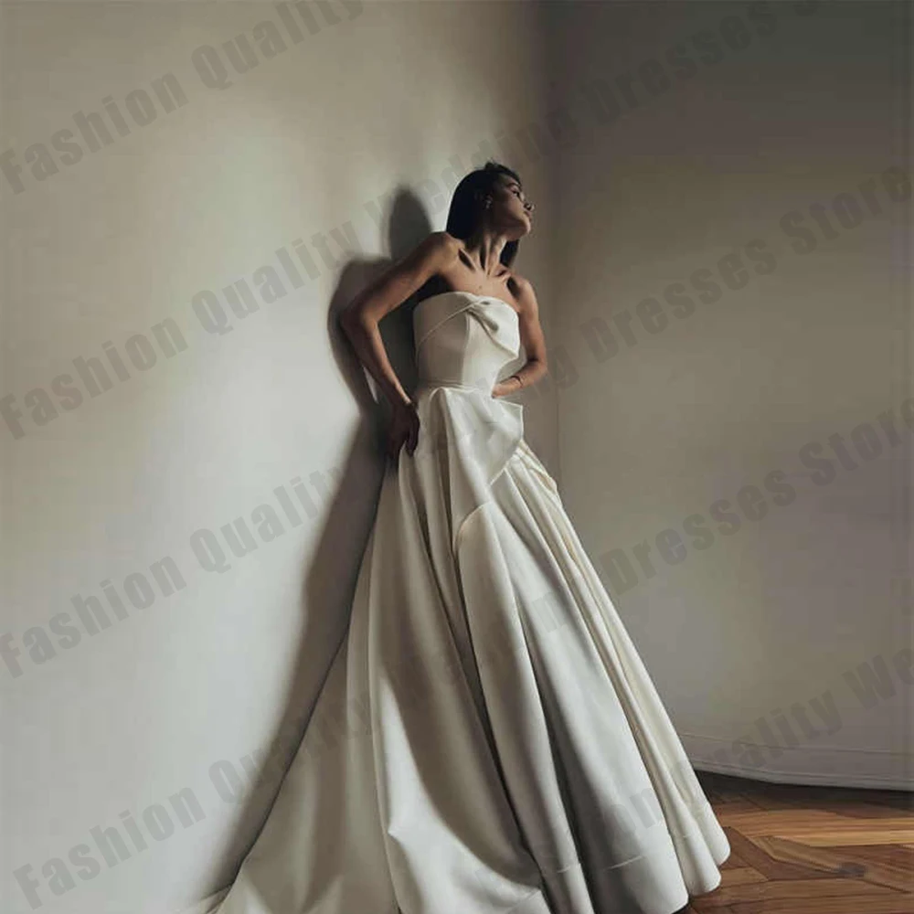 Simple Women's Bridal Gowns Sexy Off Shoulder Sleeveless A-line Satin Princess Ball Wedding Dresses Party Customized Robe De